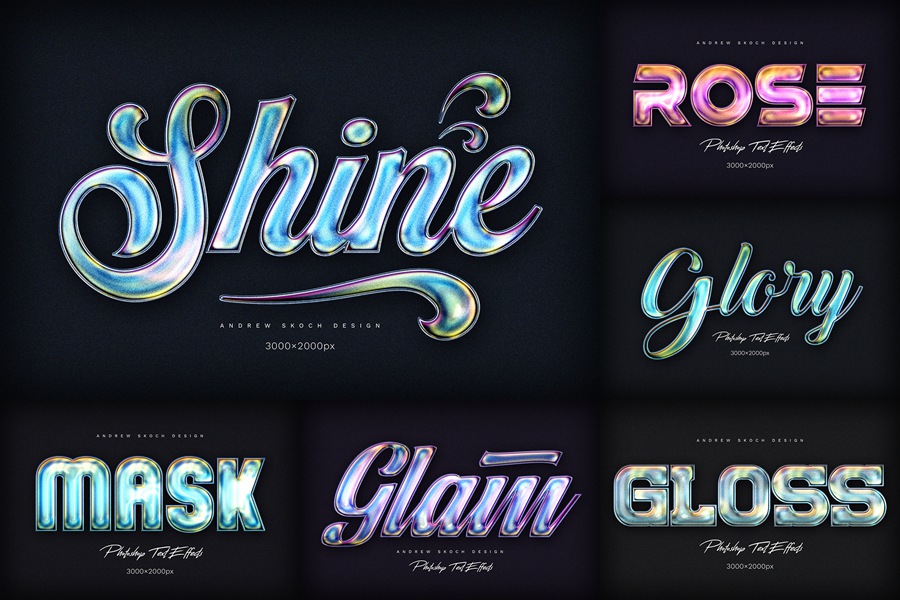 6款全息渐变闪光金属镀铬3D立体标题LOGO设计PS特效样机模板 Holographic Text Effects 样机素材 sucaiwan.com