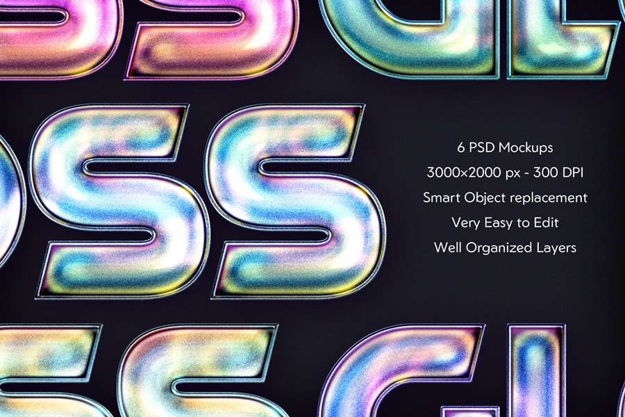 6款全息渐变闪光金属镀铬3D立体标题LOGO设计PS特效样机模板 Holographic Text Effects 样机素材 sucaiwan.com