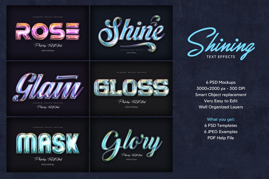 6款全息渐变闪光金属镀铬3D立体标题LOGO设计PS特效样机模板 Holographic Text Effects 样机素材 sucaiwan.com