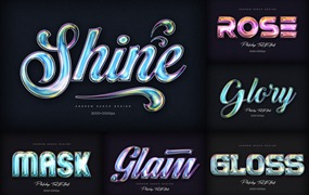 6款全息渐变闪光金属镀铬3D立体标题LOGO设计PS特效样机模板 Holographic Text Effects