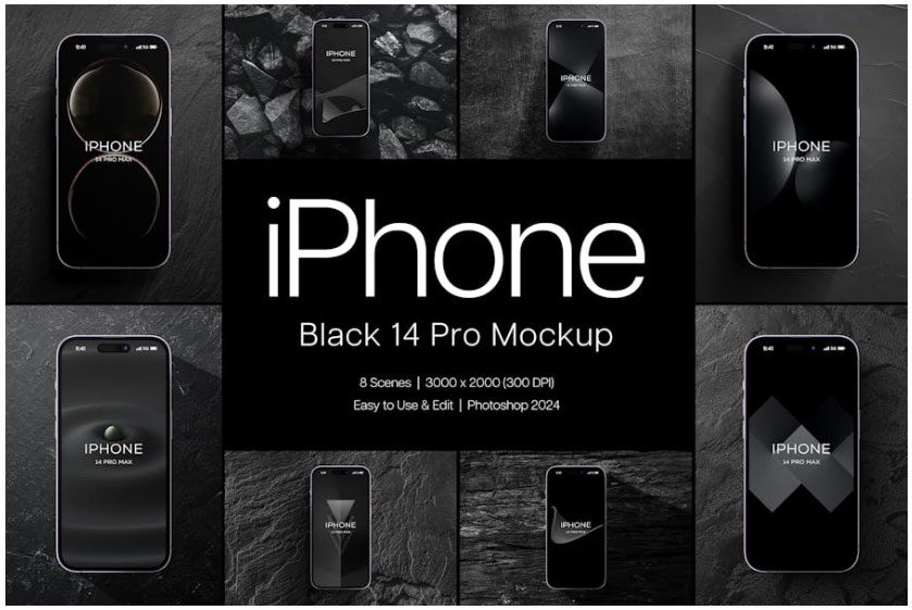 8款暗黑风苹果iPhone 14 Pro Max屏幕演示效果图PS贴图样机模板素材 , sucaiwan.com