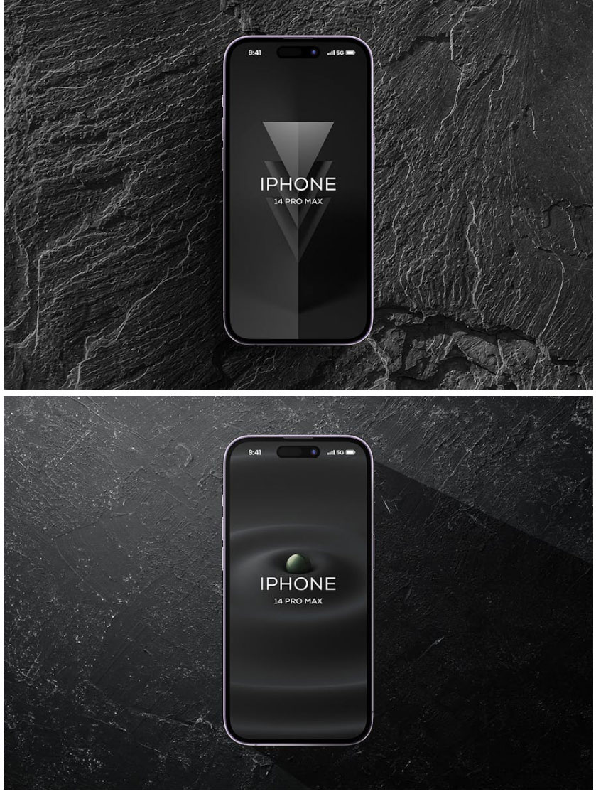 8款暗黑风苹果iPhone 14 Pro Max屏幕演示效果图PS贴图样机模板素材 , sucaiwan.com
