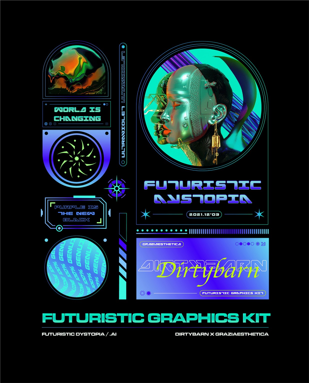 未来派NFT科技科幻赛博朋克几何图形海报排版框架AI矢量套件Futuristic Graphics Kit 图片素材 sucaiwan.com