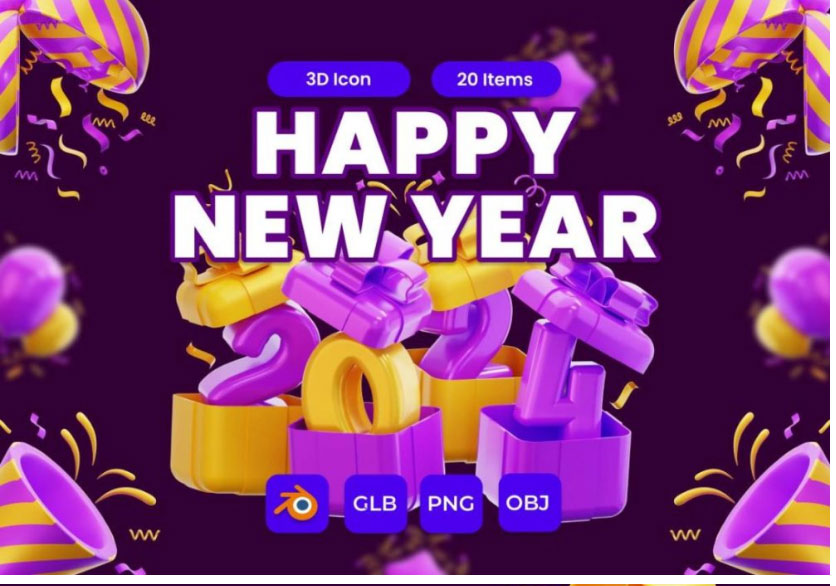 20款新年生日节日派对庆祝3D插图Icons图标Blend_PNG_OBJ格式设计素材 , sucaiwan.com