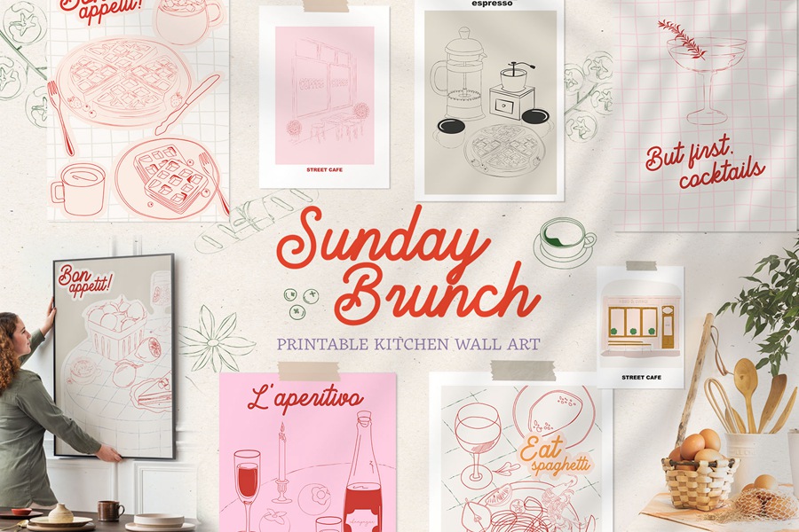 Sunday Brunch posters 餐厅厨房咖啡馆咖啡店装饰装裱印刷品社交网络剪贴画即用型艺术海报AI矢量、PNG设计图形合集 图片素材 sucaiwan.com