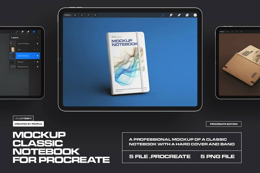 5款时尚办公用品笔记本记事本设计展示贴图效果图iPad Procreate样机模板 5 Mockups of Notebook with Band and Hard Cover for Procreate , sucaiwan.com