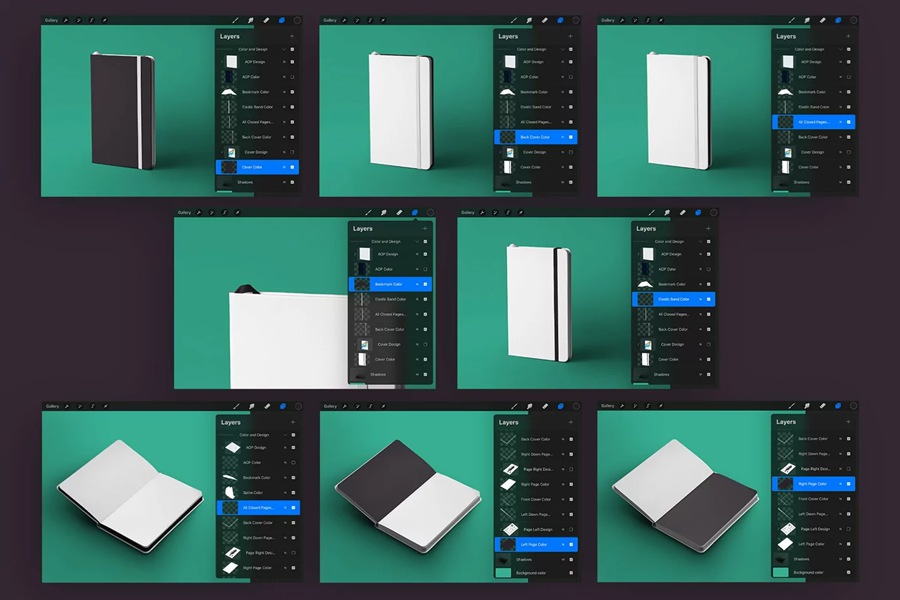 5款时尚办公用品笔记本记事本设计展示贴图效果图iPad Procreate样机模板 5 Mockups of Notebook with Band and Hard Cover for Procreate , sucaiwan.com