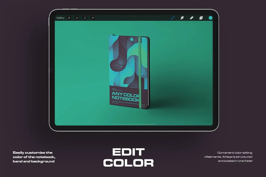 5款时尚办公用品笔记本记事本设计展示贴图效果图iPad Procreate样机模板 5 Mockups of Notebook with Band and Hard Cover for Procreate , sucaiwan.com