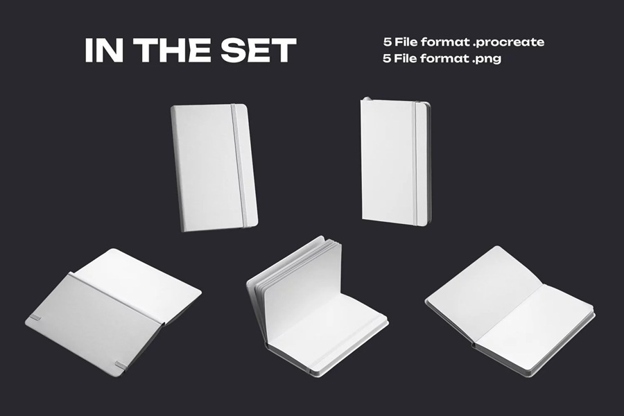 5款时尚办公用品笔记本记事本设计展示贴图效果图iPad Procreate样机模板 5 Mockups of Notebook with Band and Hard Cover for Procreate , sucaiwan.com