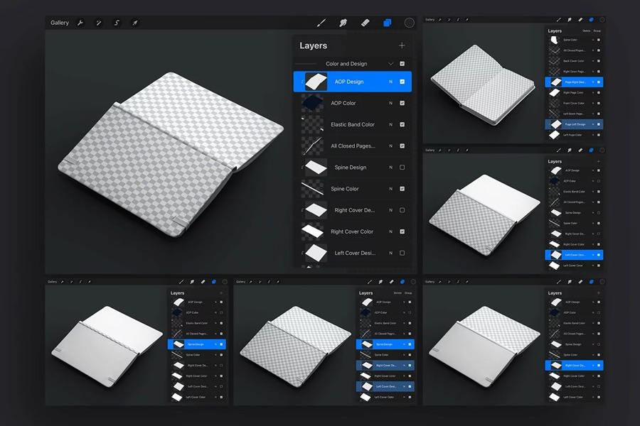 5款时尚办公用品笔记本记事本设计展示贴图效果图iPad Procreate样机模板 5 Mockups of Notebook with Band and Hard Cover for Procreate , sucaiwan.com