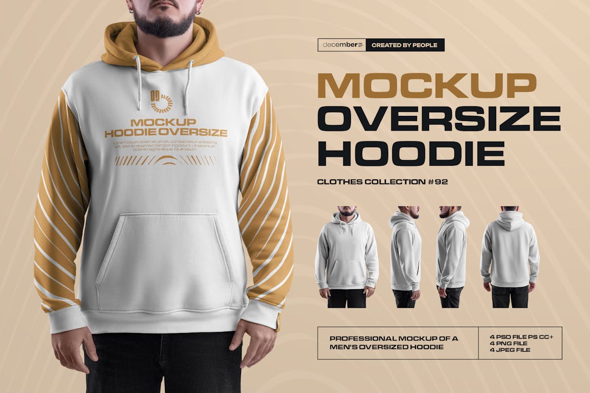 4款超大男士连衣帽卫衣印花图案设计Procretae展示效果图样机模板 4 Mockups Oversize Hoodie. Front, Back and Side View , sucaiwan.com