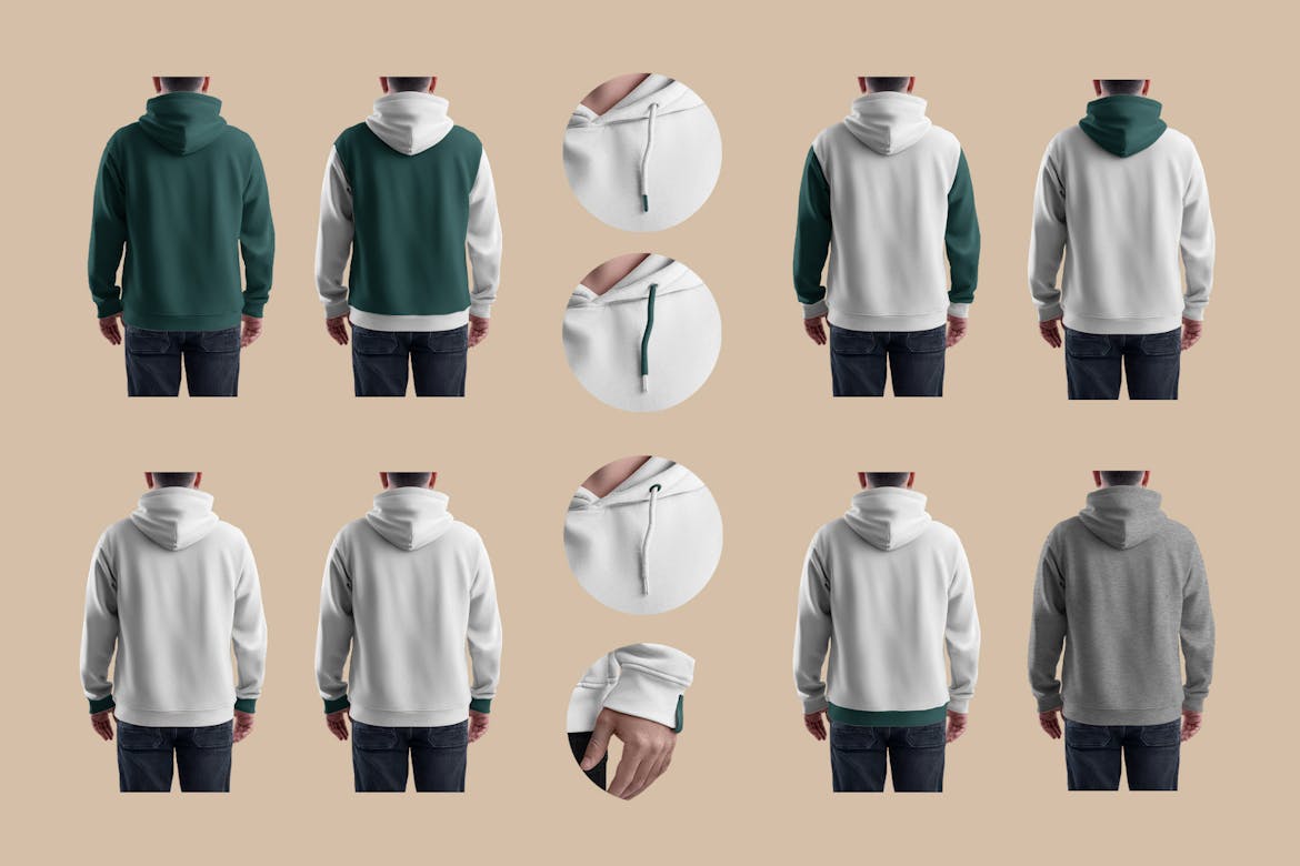 4款超大男士连衣帽卫衣印花图案设计Procretae展示效果图样机模板 4 Mockups Oversize Hoodie. Front, Back and Side View , sucaiwan.com
