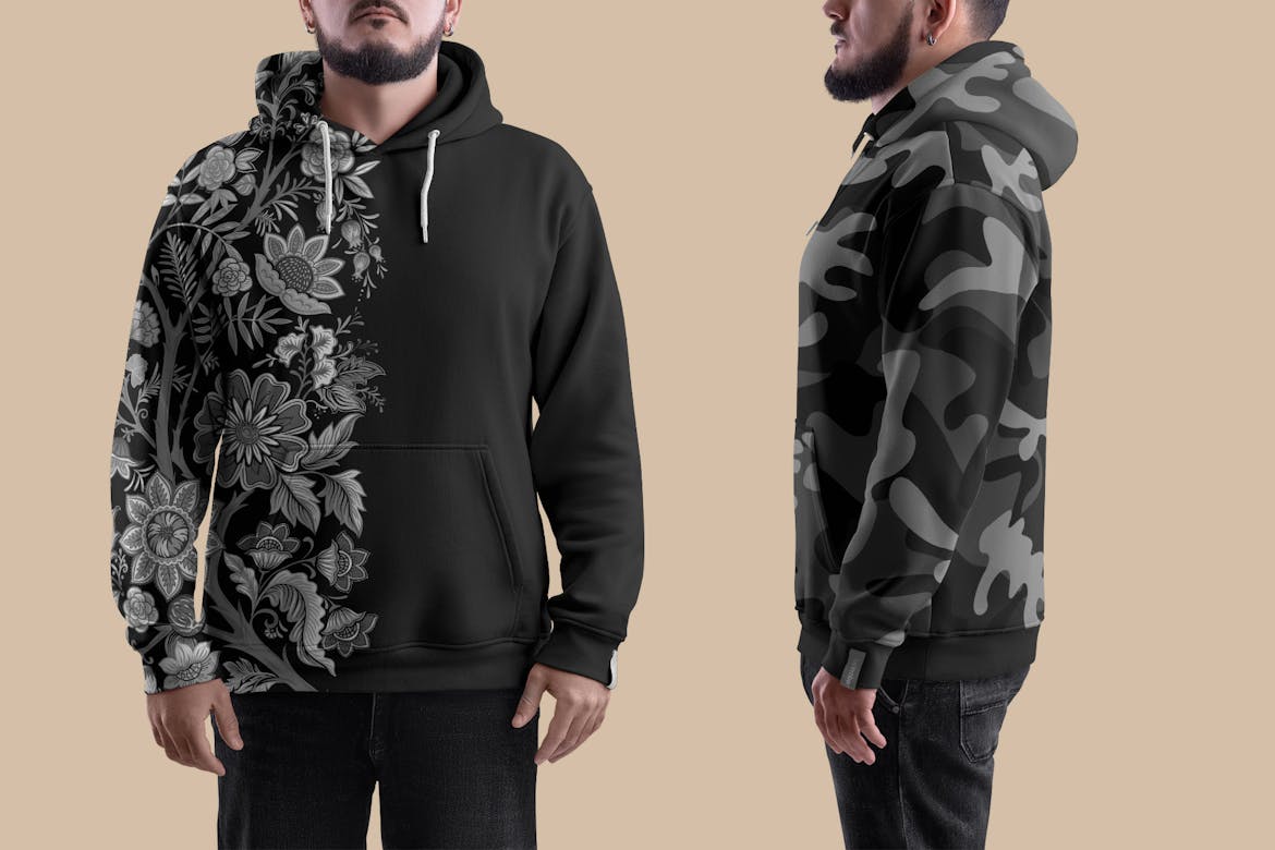 4款超大男士连衣帽卫衣印花图案设计Procretae展示效果图样机模板 4 Mockups Oversize Hoodie. Front, Back and Side View , sucaiwan.com