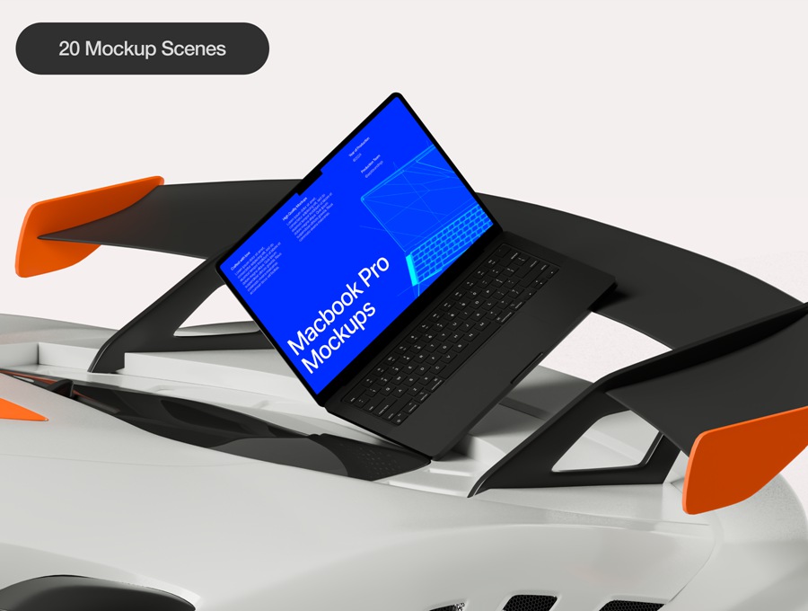20款高级MacBook笔记本电脑创意艺术跑车场景UI设计效果图PSD样机套装Macbook Pro Mockups Automotive Edition 样机素材 sucaiwan.com