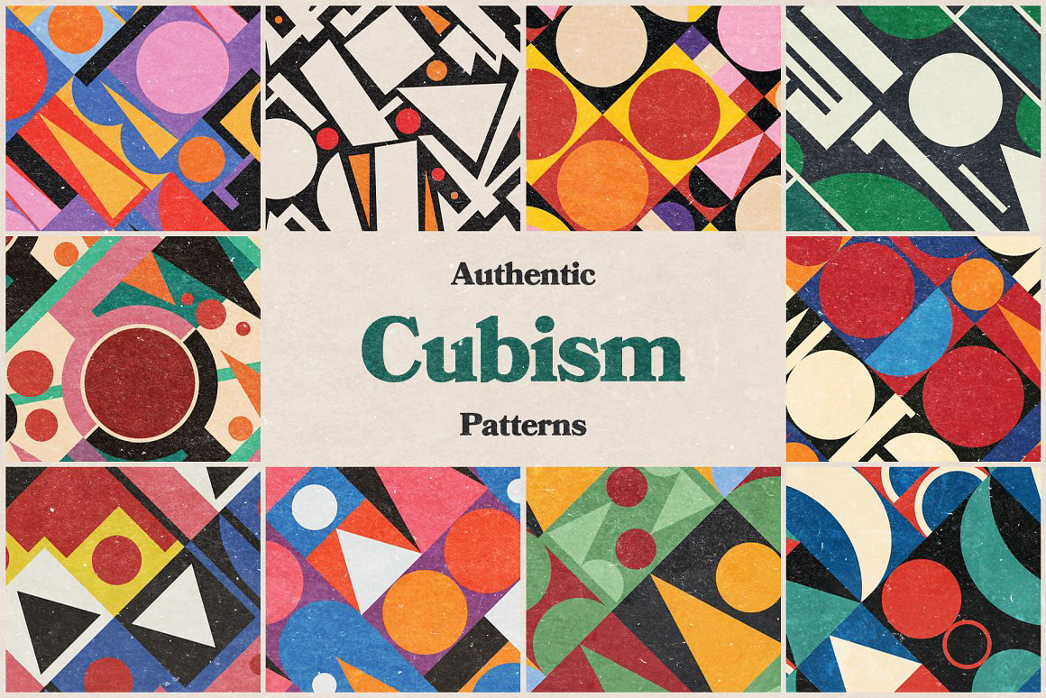 60年代复古后现代立体主义前卫抽象艺术几何拼贴AI矢量设计素材 Authentic Cubism Patterns , sucaiwan.com