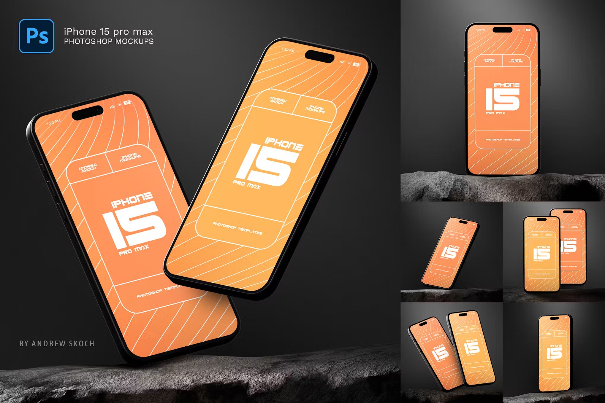 6款工业风黑色苹果iPhone 15 Pro屏幕演示效果图PS展示样机模板 6 iPhone 15 Pro Max Mockups , 第1张-素材湾丨精选海外优质设计素材资源 6款工业风黑色苹果iPhone 15 Pro屏幕演示效果图PS展示样机模板 6 iPhone 15 Pro Max Mockups , sucaiwan.com