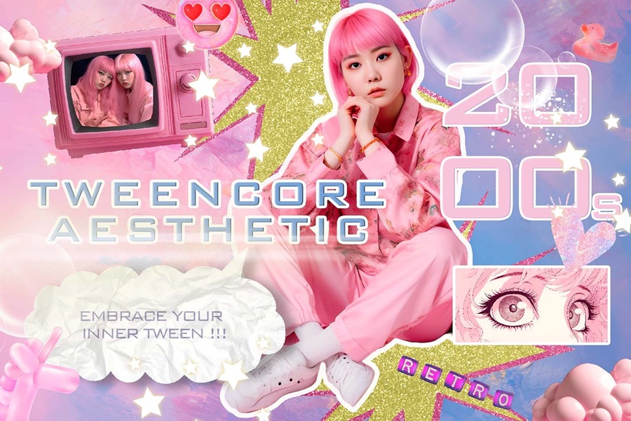 164款高质量潮流时尚玩乐活力俏皮Y2K芭比粉美学拼贴艺术怀旧动漫海报设计图形和梦幻背景 TWEENCORE 2000s AESTHETIC 图片素材 sucaiwan.com