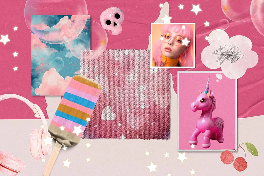 164款高质量潮流时尚玩乐活力俏皮Y2K芭比粉美学拼贴艺术怀旧动漫海报设计图形和梦幻背景 TWEENCORE 2000s AESTHETIC 图片素材 sucaiwan.com
