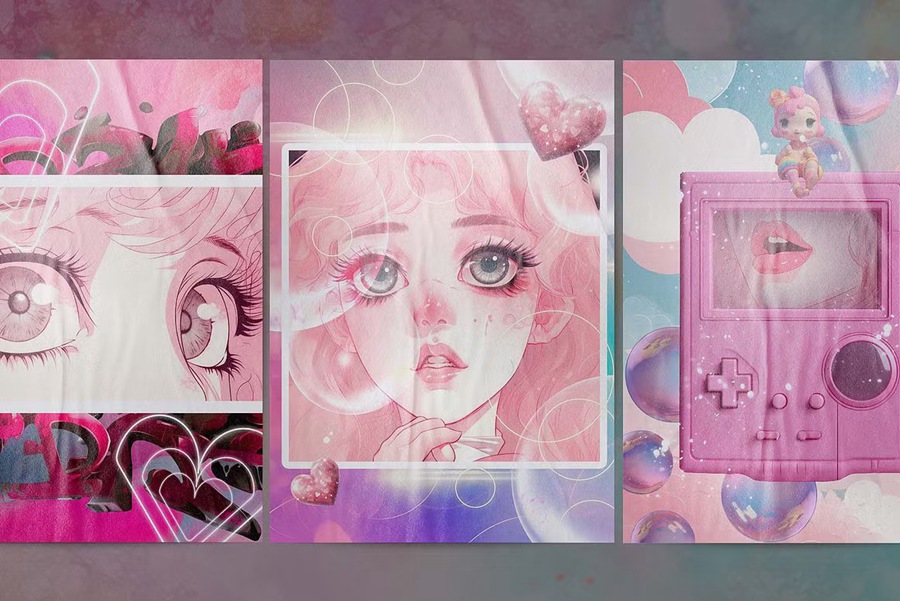 164款高质量潮流时尚玩乐活力俏皮Y2K芭比粉美学拼贴艺术怀旧动漫海报设计图形和梦幻背景 TWEENCORE 2000s AESTHETIC 图片素材 sucaiwan.com