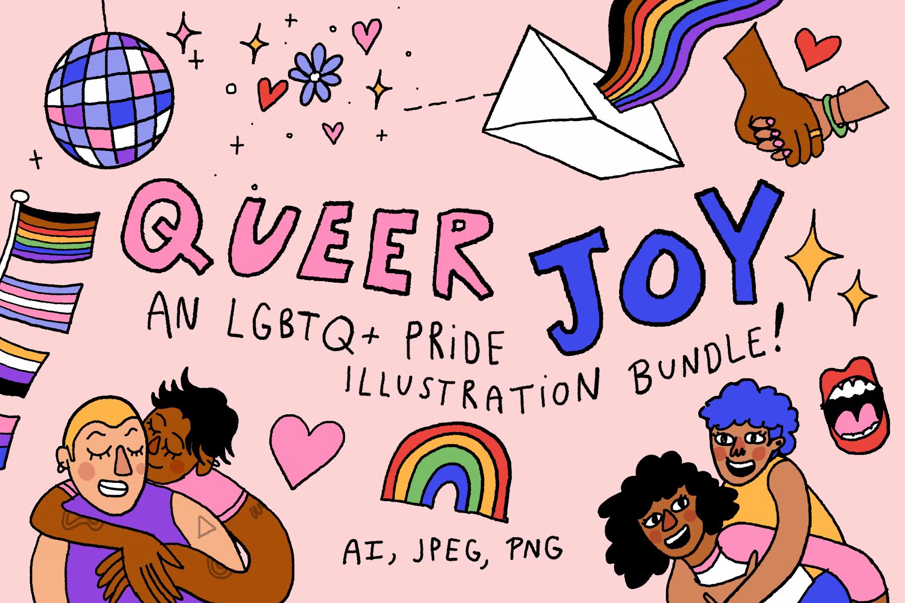 手绘插画艺术彩虹墨镜爱心英文字卡通人物装饰拼贴元素 Queer Joy | LGBTQ+ Pride Graphics 图片素材 sucaiwan.com