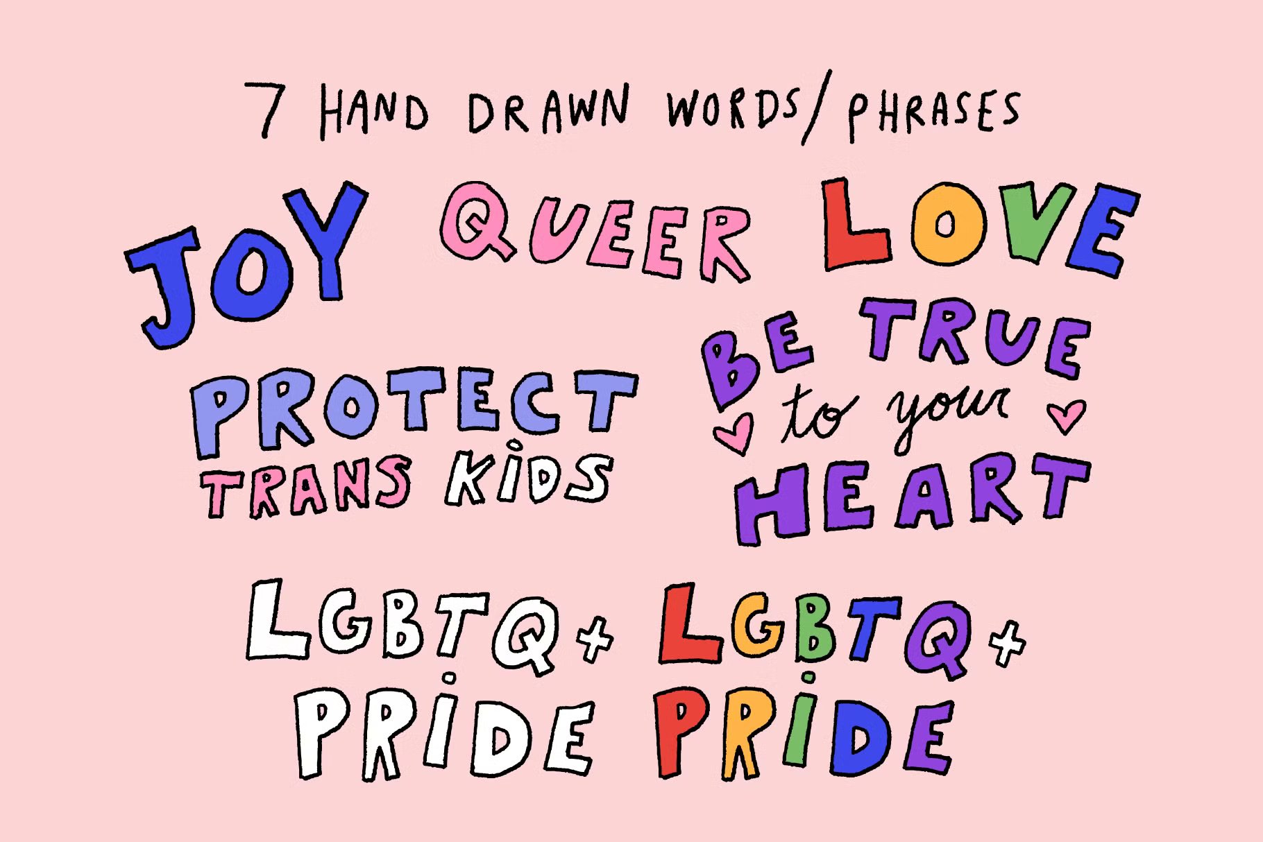 手绘插画艺术彩虹墨镜爱心英文字卡通人物装饰拼贴元素 Queer Joy | LGBTQ+ Pride Graphics 图片素材 sucaiwan.com