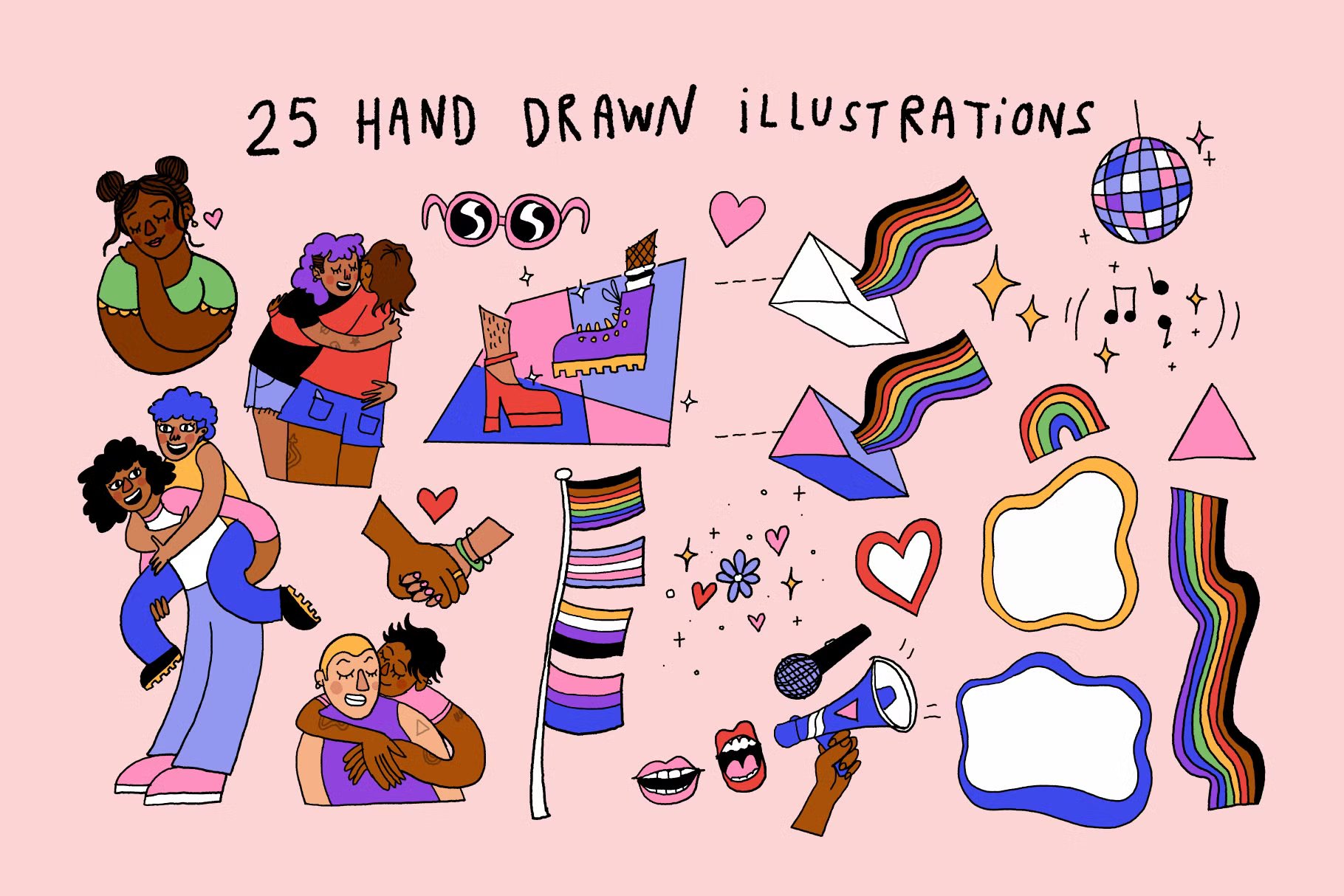 手绘插画艺术彩虹墨镜爱心英文字卡通人物装饰拼贴元素 Queer Joy | LGBTQ+ Pride Graphics 图片素材 sucaiwan.com