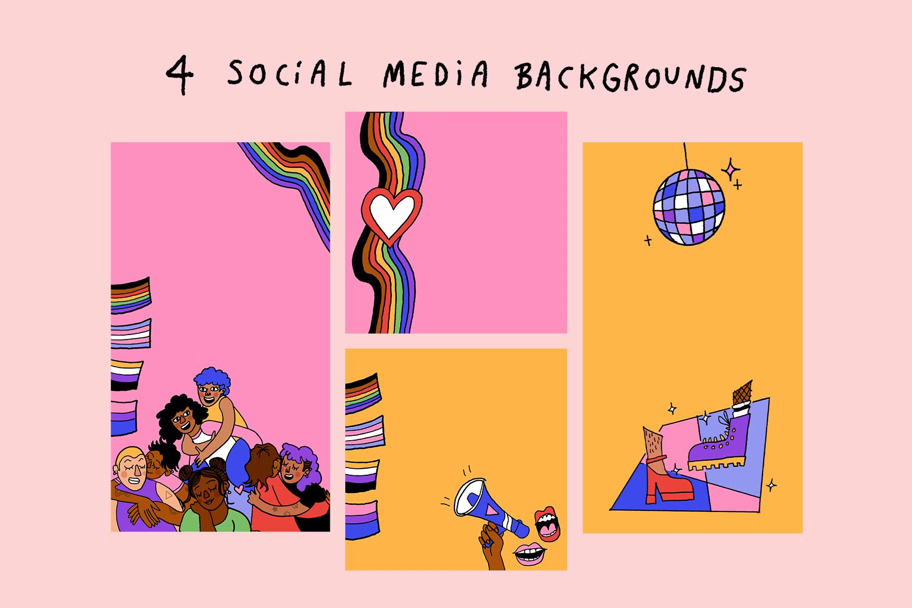 手绘插画艺术彩虹墨镜爱心英文字卡通人物装饰拼贴元素 Queer Joy | LGBTQ+ Pride Graphics 图片素材 sucaiwan.com