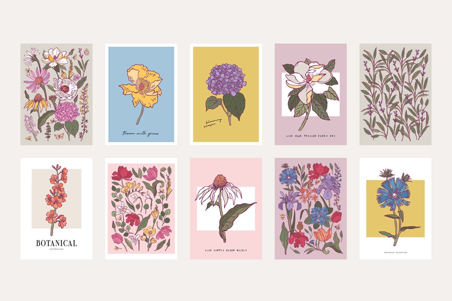 100款时尚自然女性剪影热带花卉植物海报设计AI矢量手绘插画素材 Flower Boom Prints Posters , sucaiwan.com