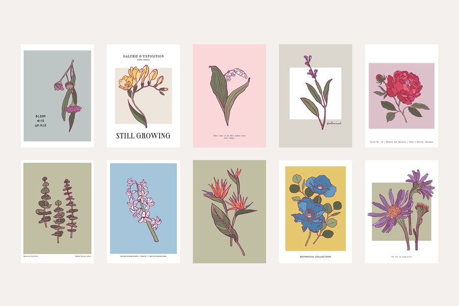 100款时尚自然女性剪影热带花卉植物海报设计AI矢量手绘插画素材 Flower Boom Prints Posters , sucaiwan.com