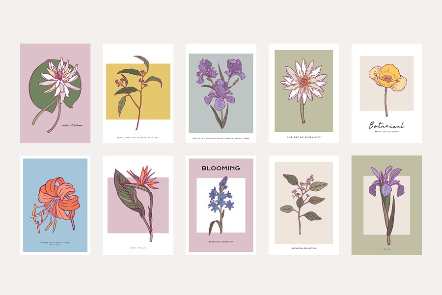 100款时尚自然女性剪影热带花卉植物海报设计AI矢量手绘插画素材 Flower Boom Prints Posters , sucaiwan.com