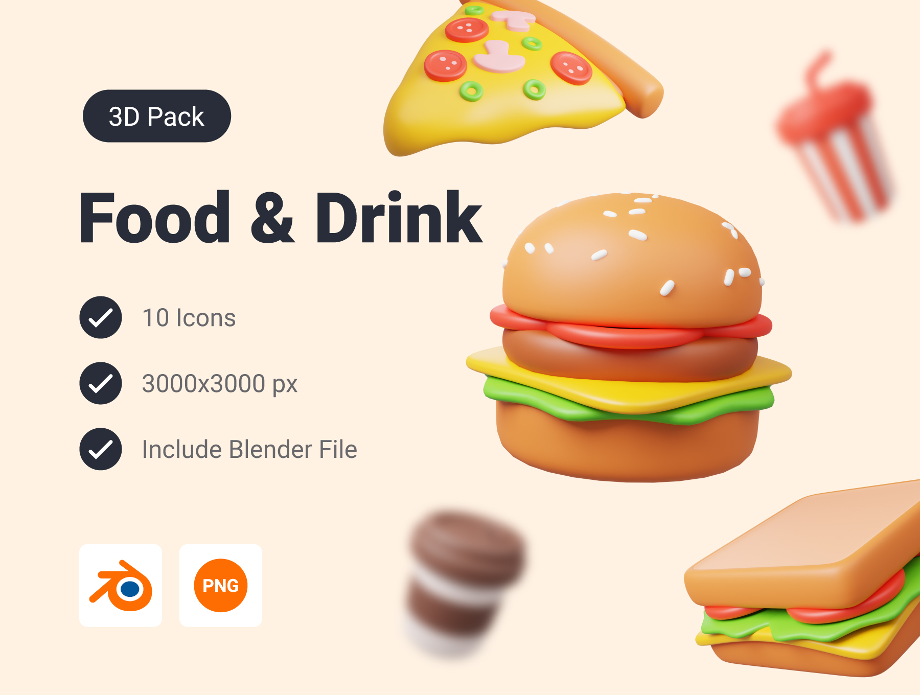 10款卡通趣味饮料美食汉堡3D插画图标Icons设计素材包 Food and Drink 3D Icon Pack , sucaiwan.com