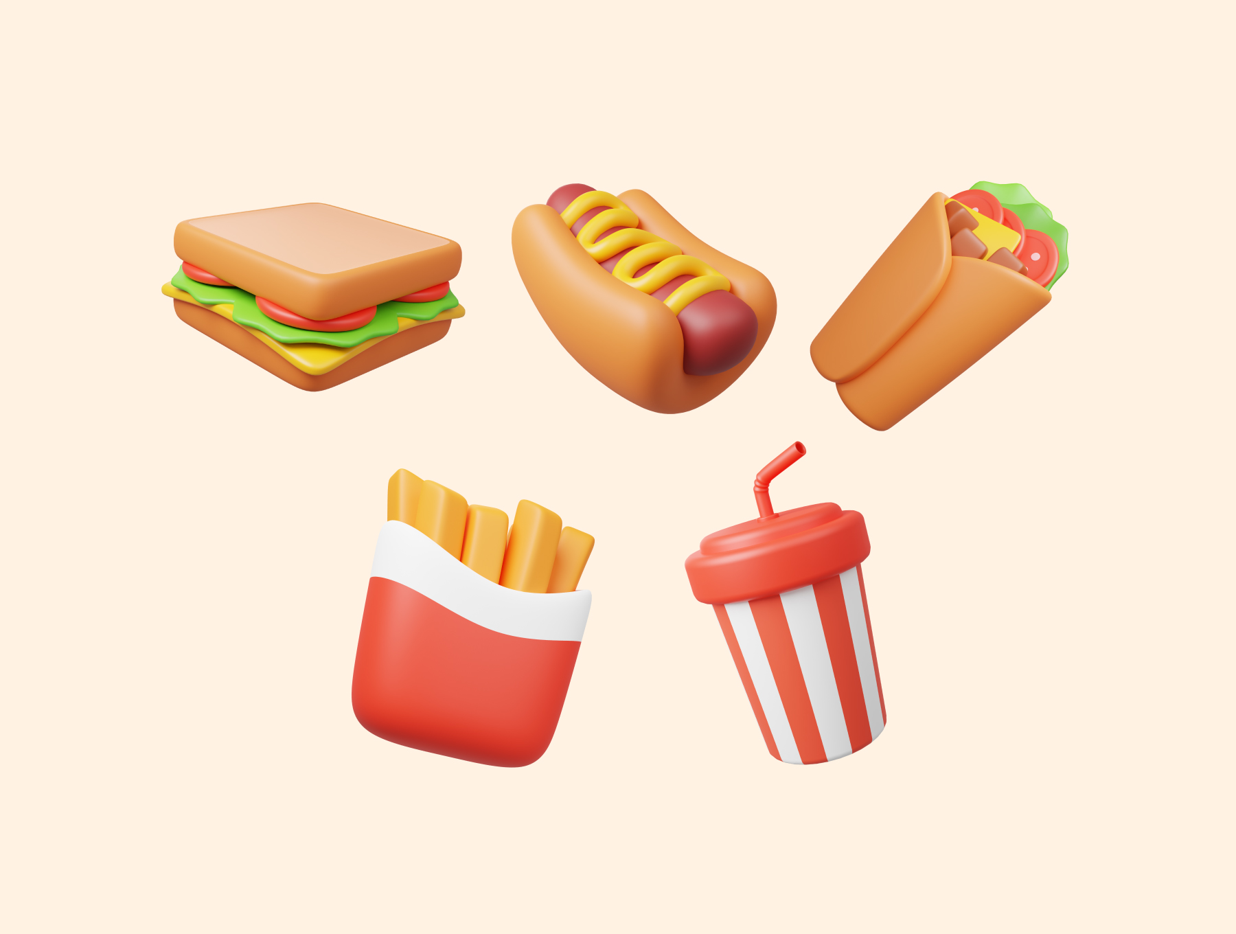 10款卡通趣味饮料美食汉堡3D插画图标Icons设计素材包 Food and Drink 3D Icon Pack , sucaiwan.com