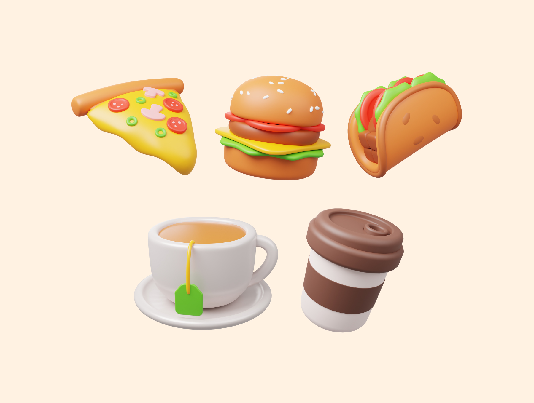 10款卡通趣味饮料美食汉堡3D插画图标Icons设计素材包 Food and Drink 3D Icon Pack , sucaiwan.com