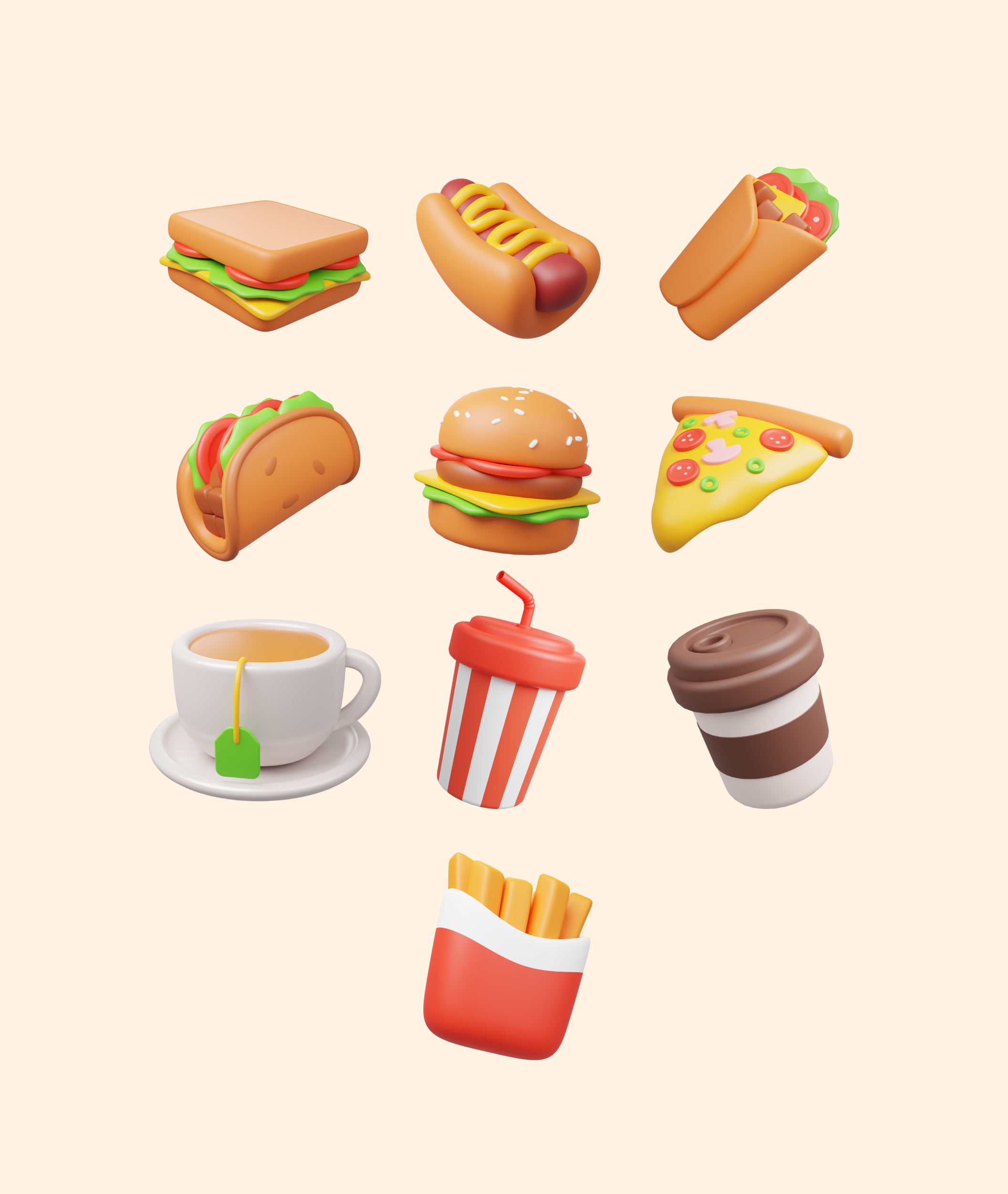 10款卡通趣味饮料美食汉堡3D插画图标Icons设计素材包 Food and Drink 3D Icon Pack , sucaiwan.com