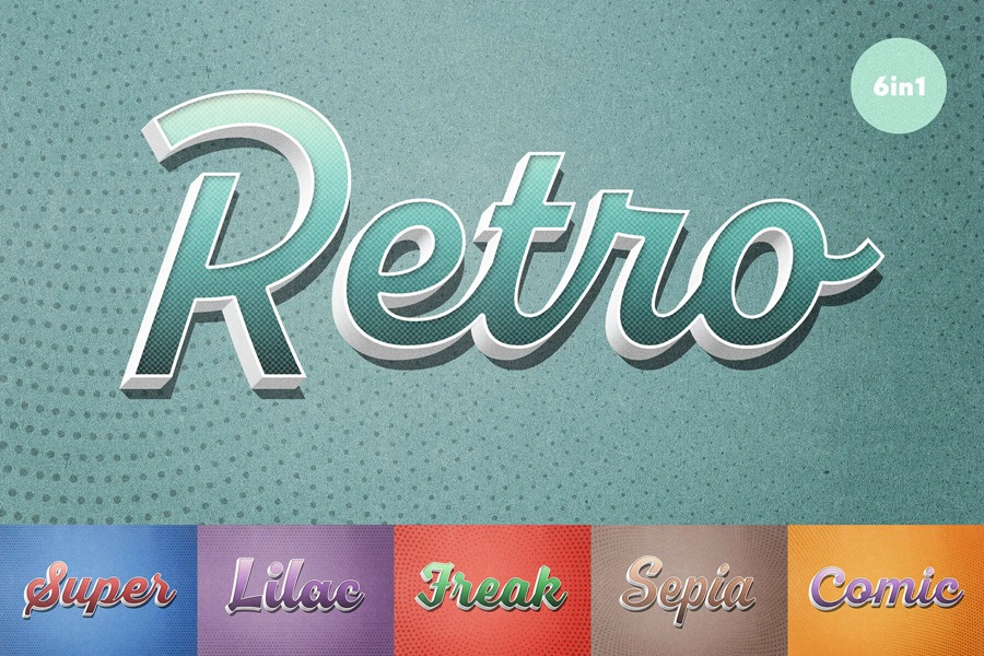 6款复古半调3D卡通漫画风海报电影标题LOGO设计PS特效样机模板 Vintage Comic Text Effect , sucaiwan.com