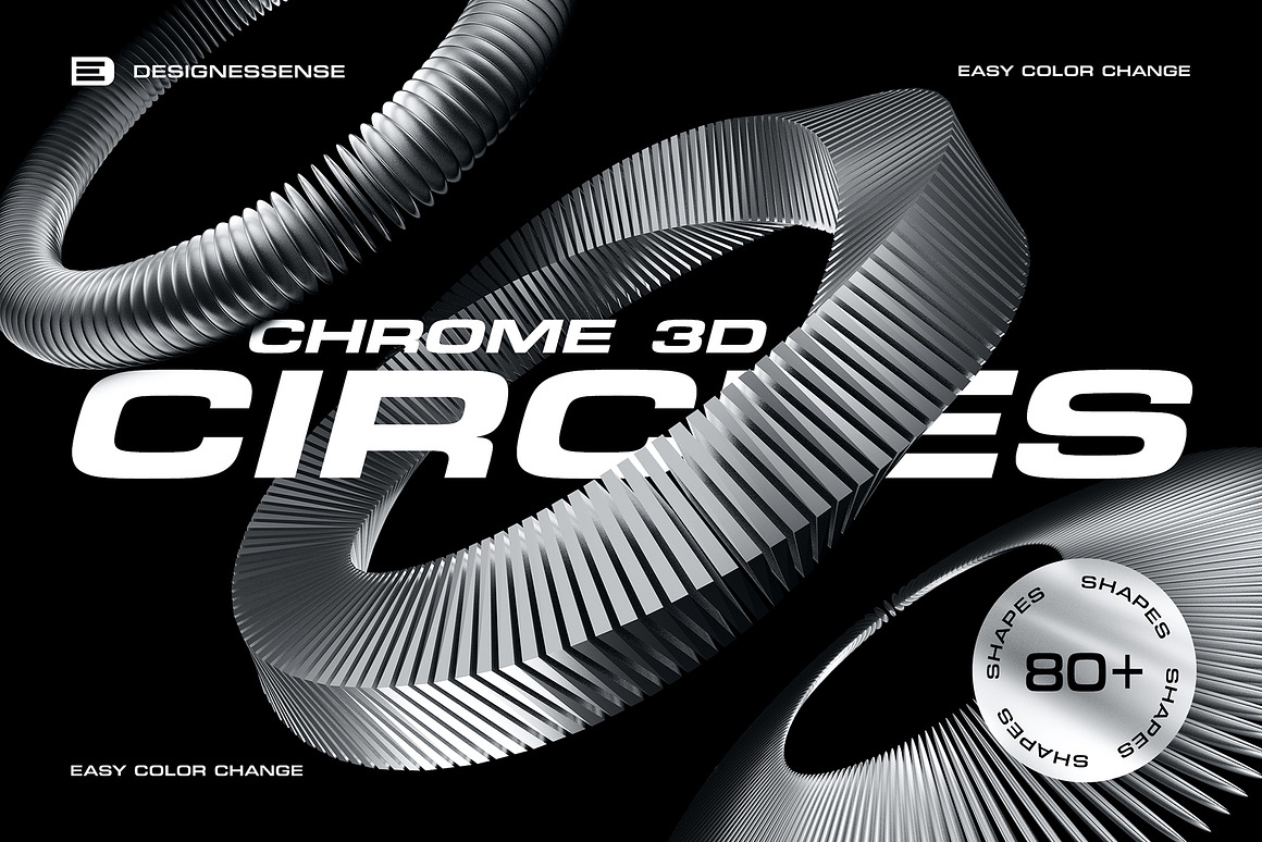 82款赛博未来抽象科幻3D立体渲染金属镀铬圆环PNG免扣设计套装3D Chrome Circles 图片素材 sucaiwan.com