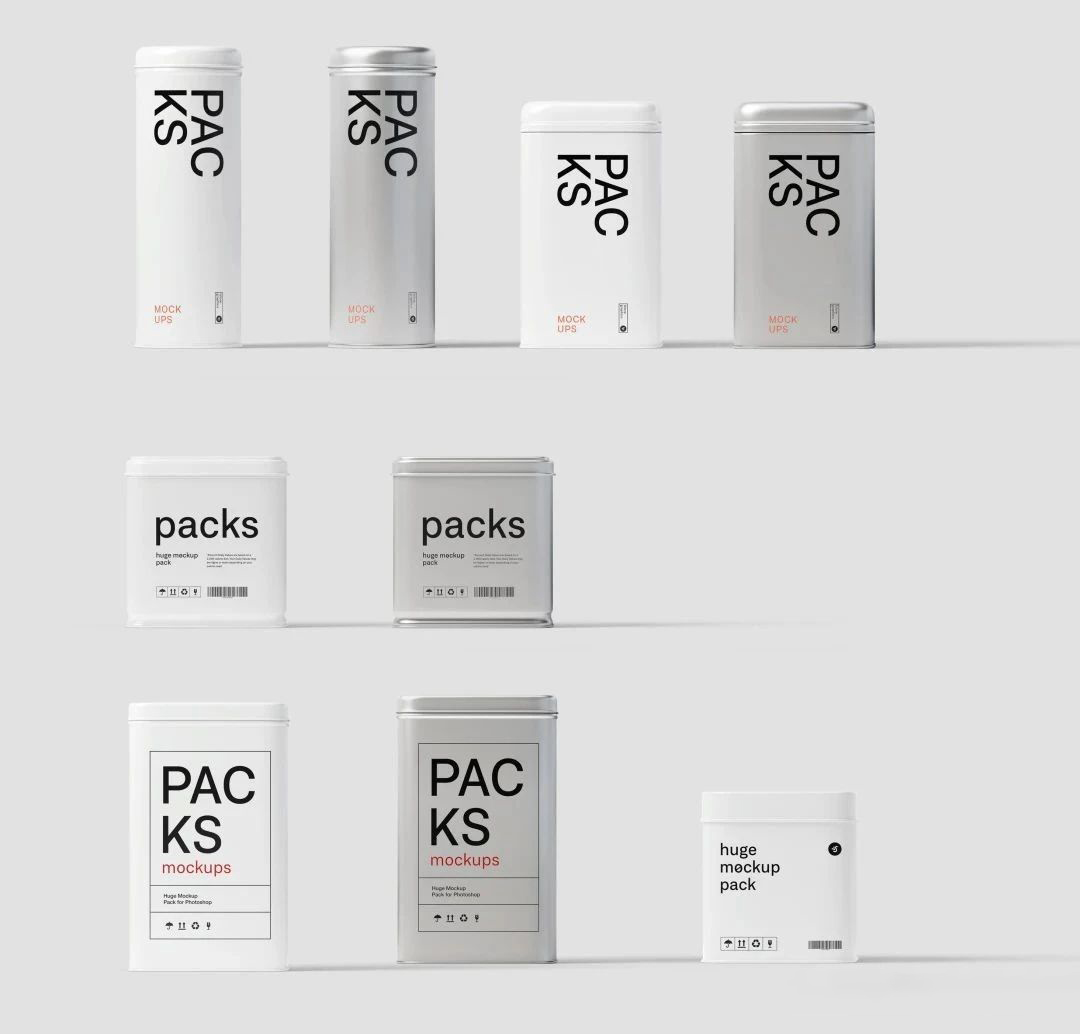 质感瓶子杯子罐头袋子飞机盒子包装盒纸盒礼盒效果展示PSD样机设计素材 , sucaiwan.com