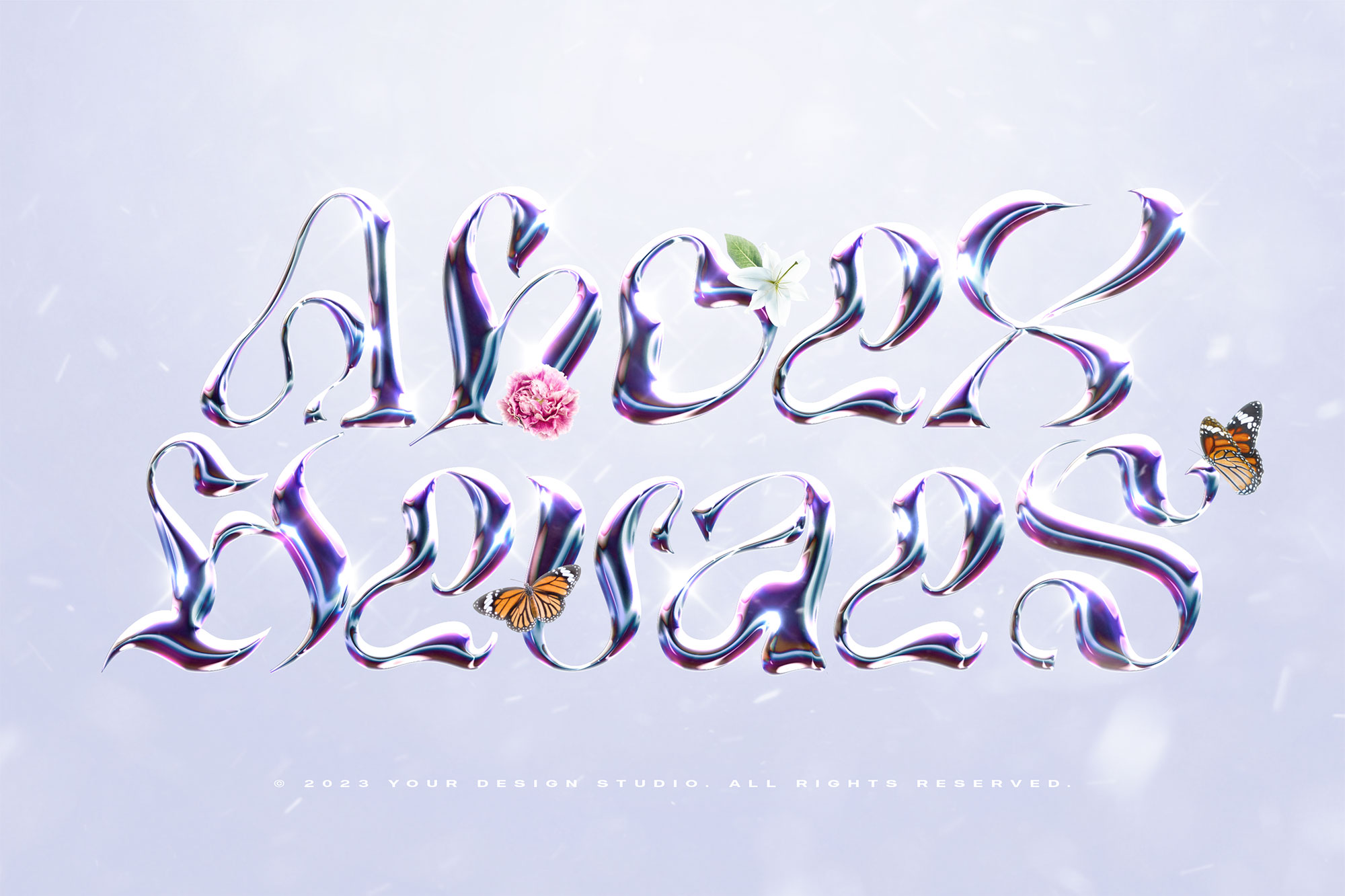 潮流酸性艺术镀铬金属蝴蝶花卉字体特效PSD模板素材 Chrome Text Effect Vol.23 图片素材 sucaiwan.com