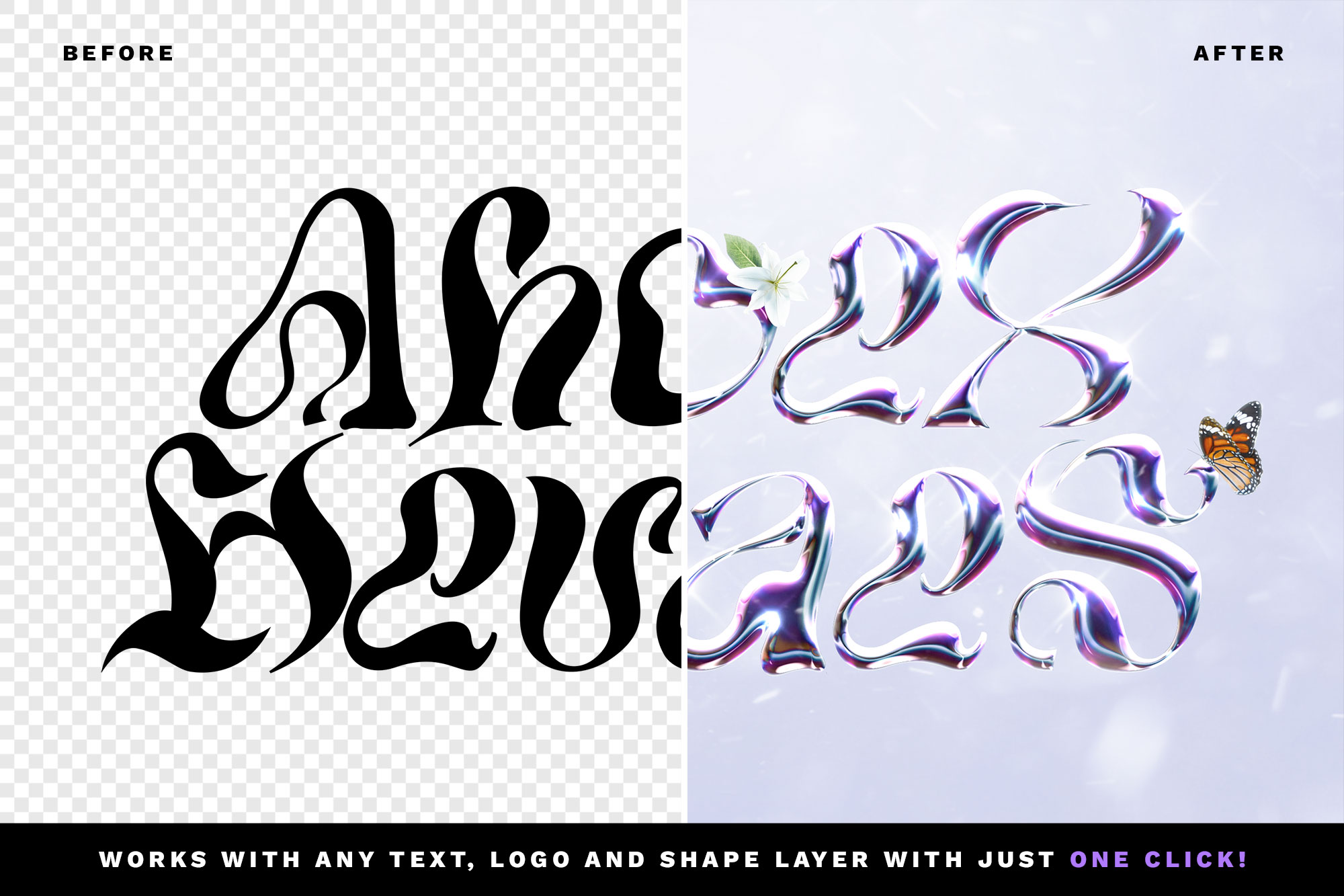 潮流酸性艺术镀铬金属蝴蝶花卉字体特效PSD模板素材 Chrome Text Effect Vol.23 图片素材 sucaiwan.com