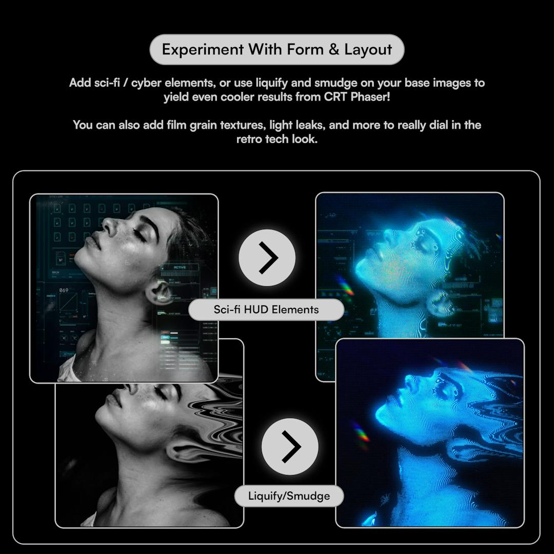 复古未来派CRT毛刺故障信号失真发光动态艺术PS动作特效模板 CRT Phaser 插件预设 sucaiwan.com