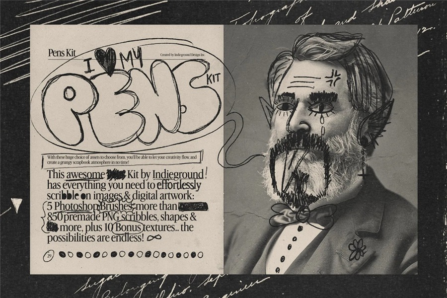 850+复古灵感手绘钢笔水彩笔涂鸦标记符号图案插画线条街头艺术PNG免扣元素设计套装 Indieground – Pens Kit 图片素材 sucaiwan.com