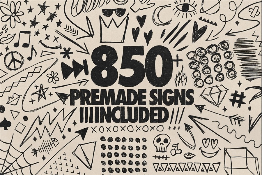 850+复古灵感手绘钢笔水彩笔涂鸦标记符号图案插画线条街头艺术PNG免扣元素设计套装 Indieground – Pens Kit 图片素材 sucaiwan.com