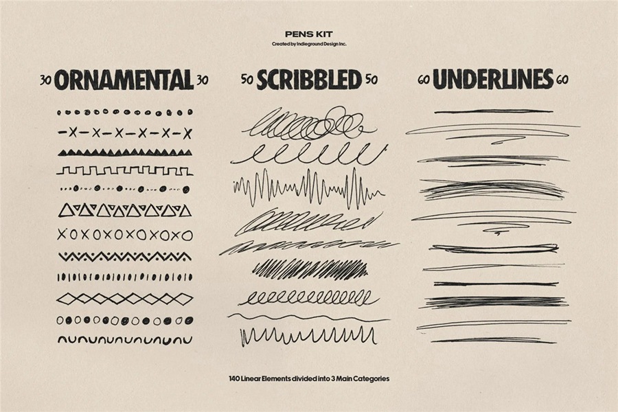 850+复古灵感手绘钢笔水彩笔涂鸦标记符号图案插画线条街头艺术PNG免扣元素设计套装 Indieground – Pens Kit 图片素材 sucaiwan.com