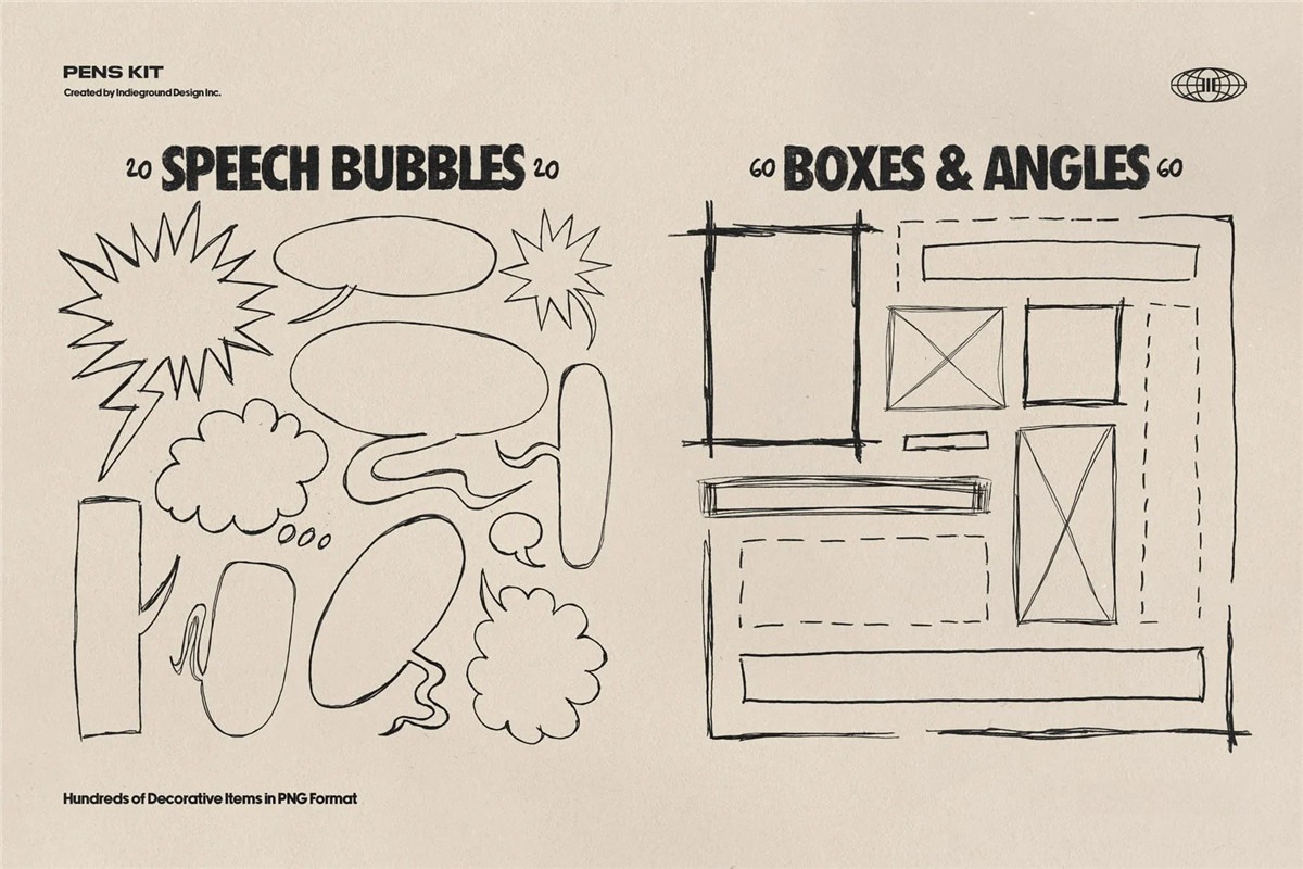850+复古灵感手绘钢笔水彩笔涂鸦标记符号图案插画线条街头艺术PNG免扣元素设计套装 Indieground – Pens Kit 图片素材 sucaiwan.com