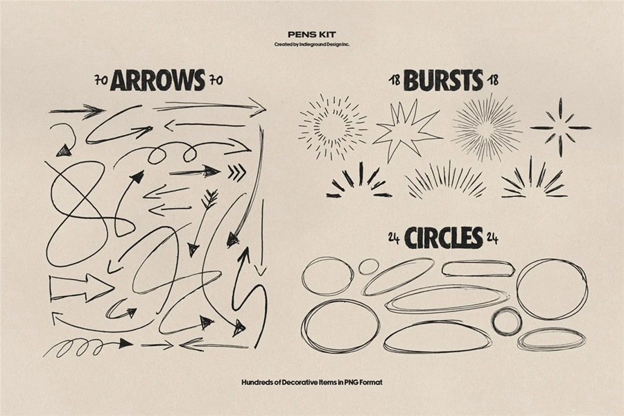 850+复古灵感手绘钢笔水彩笔涂鸦标记符号图案插画线条街头艺术PNG免扣元素设计套装 Indieground – Pens Kit 图片素材 sucaiwan.com
