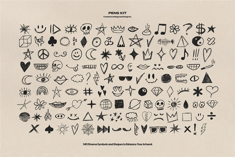 850+复古灵感手绘钢笔水彩笔涂鸦标记符号图案插画线条街头艺术PNG免扣元素设计套装 Indieground – Pens Kit 图片素材 sucaiwan.com