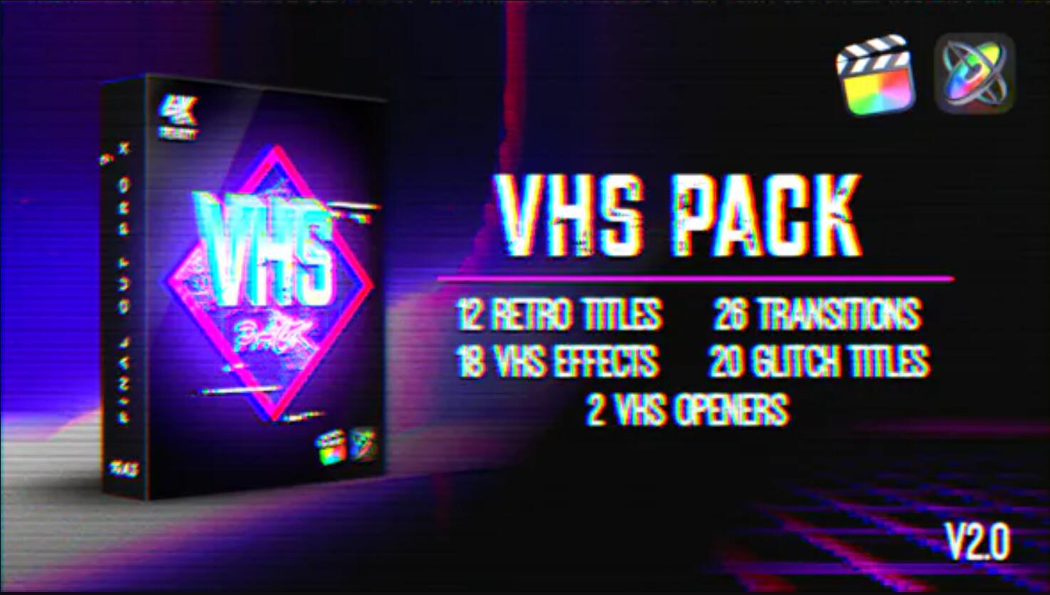 FCPX插件：复古怀旧氛围磁带VHS效果毛刺预告片转场标题画面效果包 , sucaiwan.com