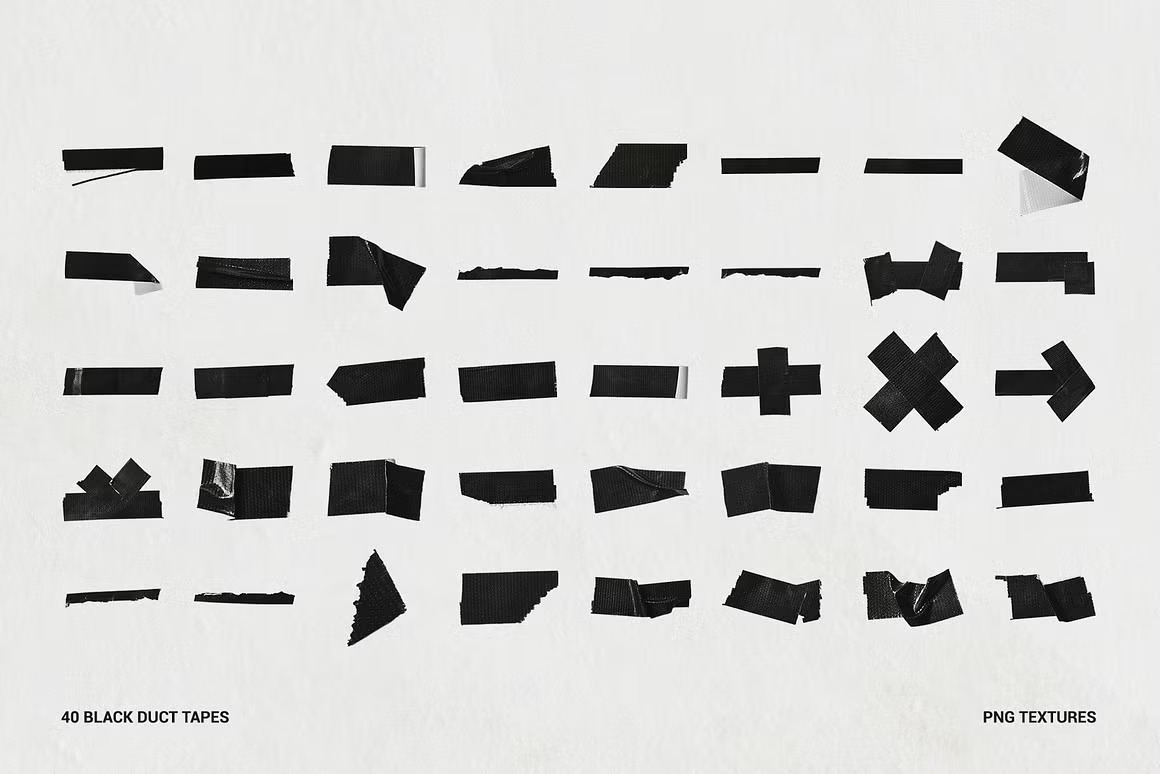 40款复古高精度黑色撕裂胶带胶条打包带PNG免扣元素背景肌理设计套装40 Black Duct Tape Textures 图片素材 sucaiwan.com