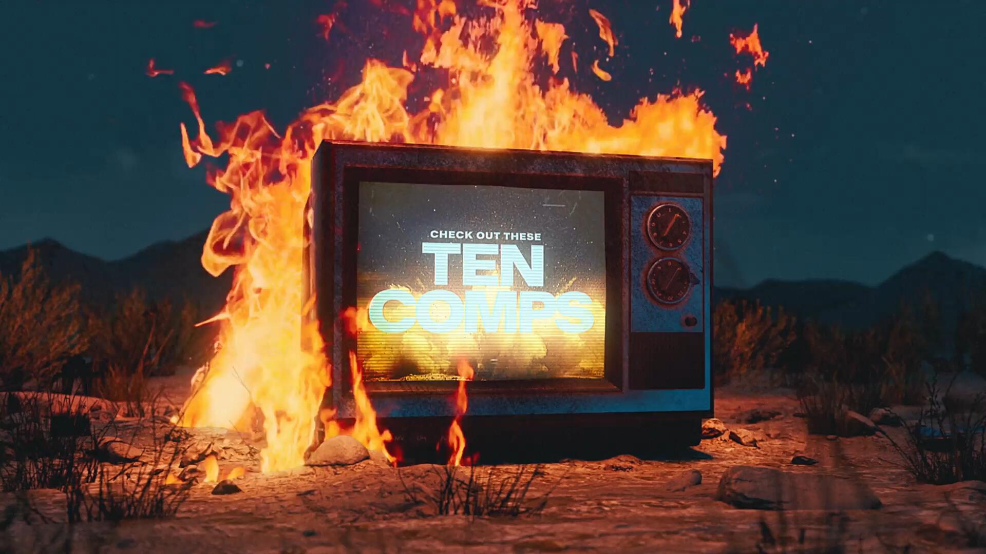 AE模板：热门复古嘻哈做旧TV电视着火3D实物场景VHS故障风格开场片头模板 , sucaiwan.com