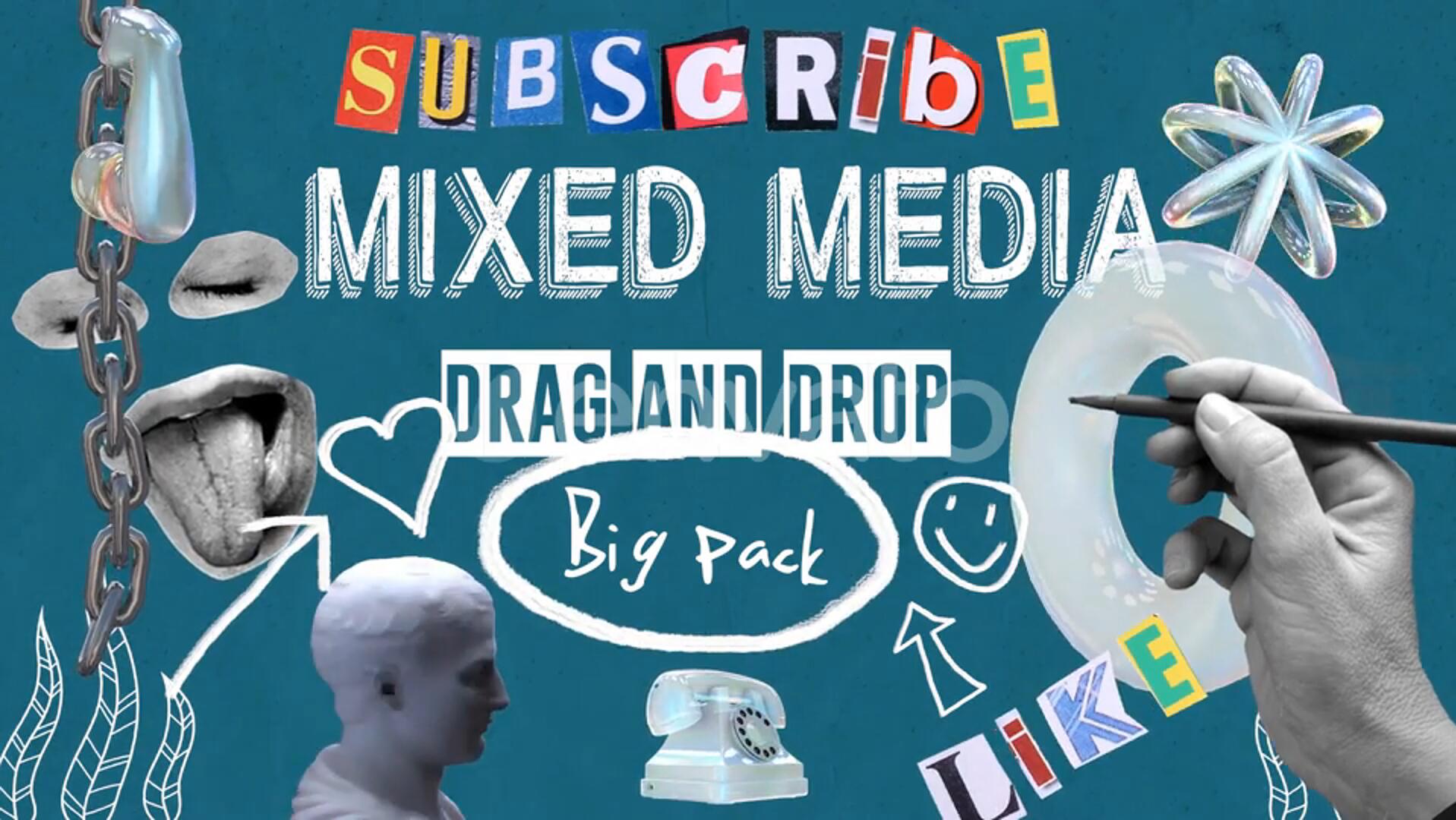 视频素材：38个复古拼贴艺术半色调字母五官雕塑杂志手工剪切元素视频动画包 , sucaiwan.com